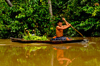 Peruvian Indian In Dugout Canoe Transporting Bananas